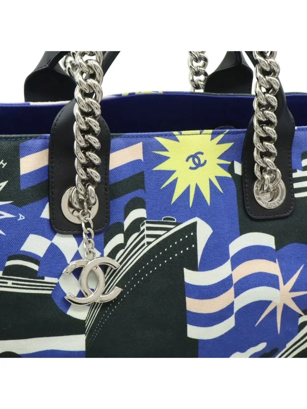 Chanel la Pausa Tote 2-Way Chain Shoulder Bag Ship Motif Canvas Blue Black